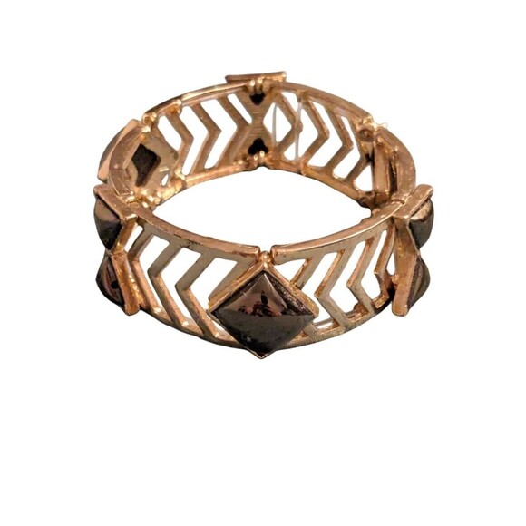 Chevron Gold Tone Costume Jewelry Cut Out Bracelet Smoke Gemstones Adjustable - Picture 5 of 13